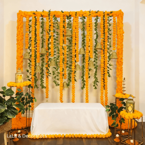Mehendi Decoration with Marigold Flowers & Hanging Bells