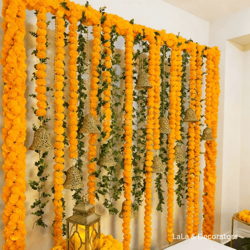 Mehendi Decoration with Marigold Flowers & Hanging Bells 3
