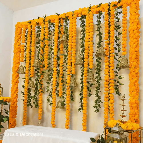 Mehendi Decoration with Marigold Flowers & Hanging Bells 2